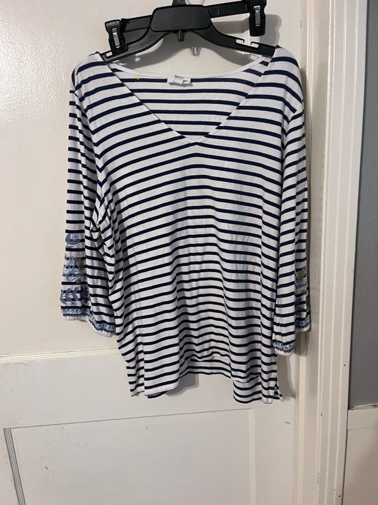 J. Jill Tops - J. Jill Navy and White Striped V-Neck Tunic with Embroidery Sleeves